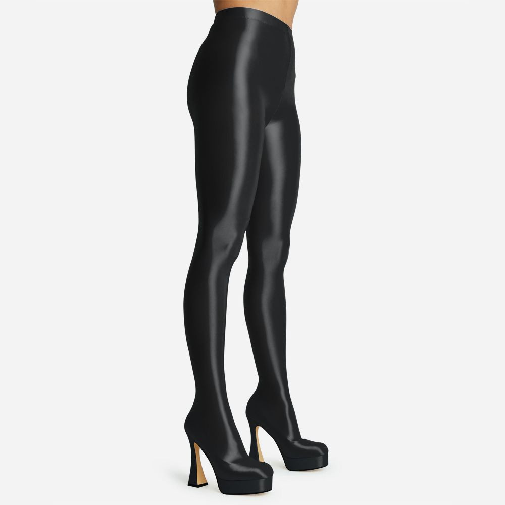 Hypnosis Closed Square Toe Platform Flared Block Heel Long Legging Boot In Black Lycra | EGO Shoes (US & Canada)