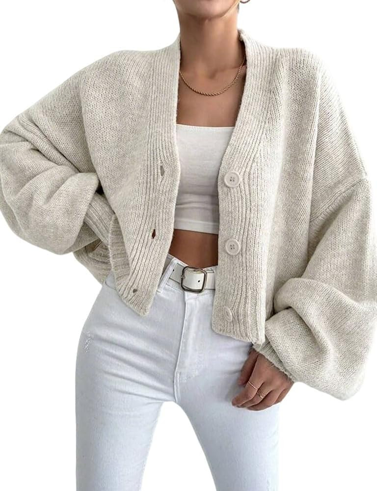 yoeasy Womens Cropped Cardigans Sweater Trendy Fall Lantern Sleeve Button Down Loose Open Front K... | Amazon (US)