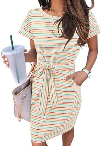 MEROKEETY Women's 2026 Summer Casual T Shirt Dress Short Sleeve Striped Tie Waist Work Vacation T... | Amazon (US)