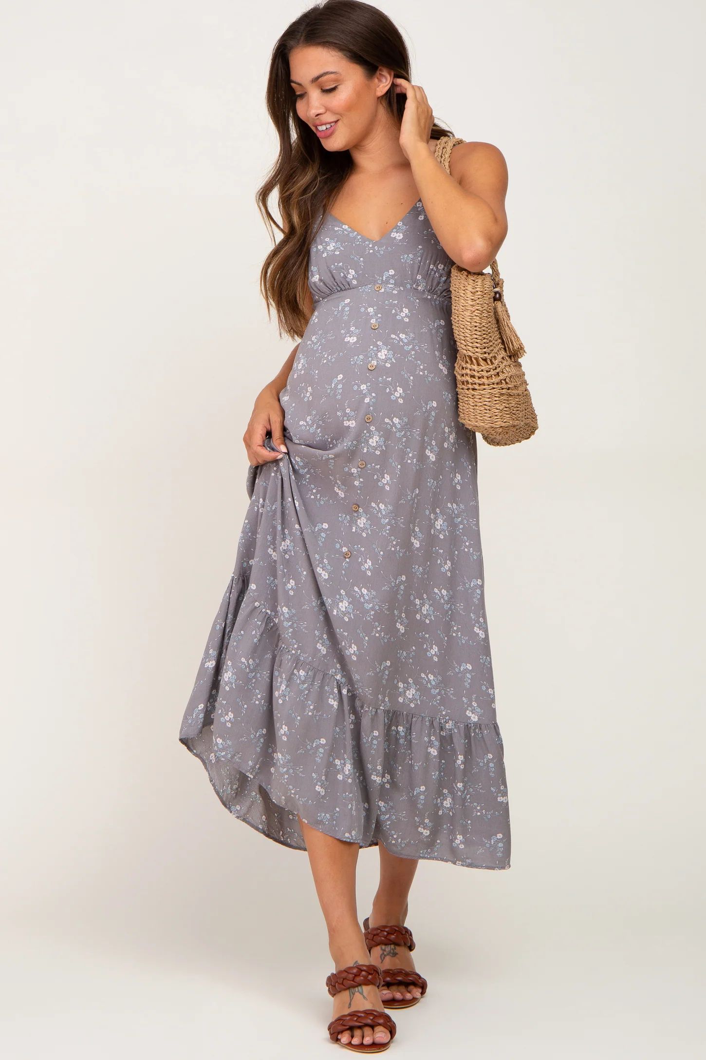 Grey Floral Sleeveless Button Front Maternity Dress | PinkBlush Maternity