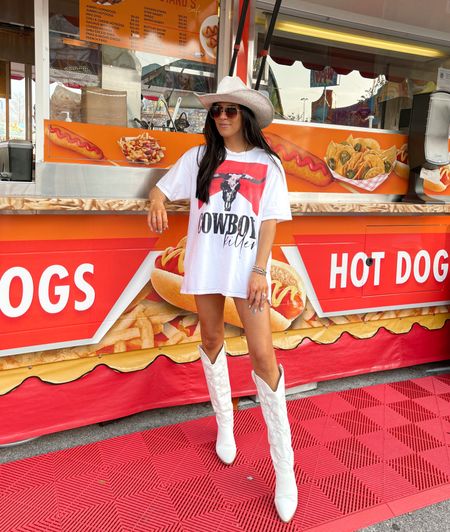 Country concert rodeo outfit — white cowboy boots and oversized tshirt dress (wearing XL mens in shirt)  

#LTKSeasonal #LTKFind #LTKFestival