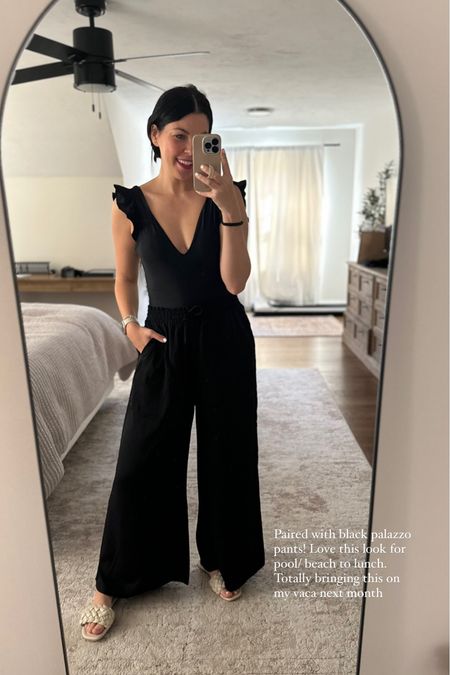 Ruffle open back black one piece: size 4 long torso 
Silky beach to brunch pants: size small (I’m 5’7- great length!)
Code HALEYSJS10 for $10 off 

Bathing suit, swim, swimsuit, beach, vacation, brunch, pool 

#LTKswim