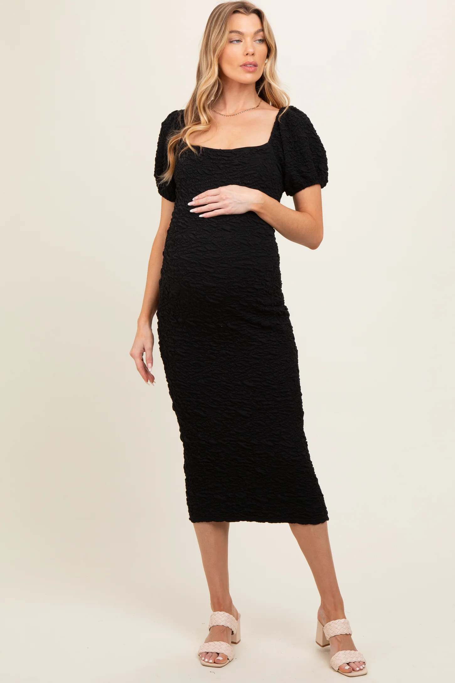 Black Textured Square Neck Puff Sleeve Maternity Midi Dress | PinkBlush Maternity