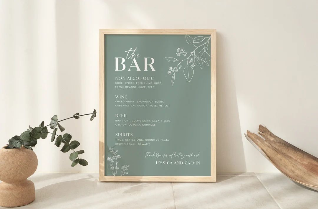 Sage floral wedding sign, Bar menu sign, Bar menu template, Floral wedding sign, Botanical weddin... | Etsy (US)
