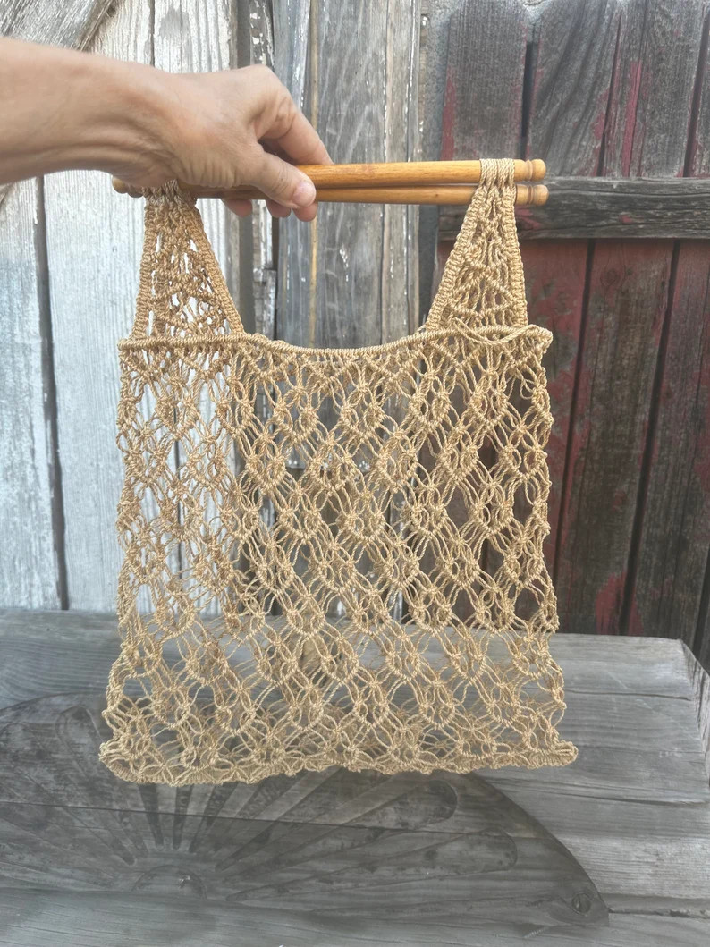 1970s Boho Chic Vintage Macrame Purse Wooden Handles - Etsy | Etsy (US)
