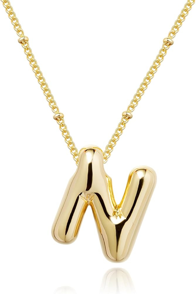 Initial Necklaces for Women, 14k Gold Plated Bubble Letter Necklace Chunky Gold Necklace Dainty C... | Amazon (US)