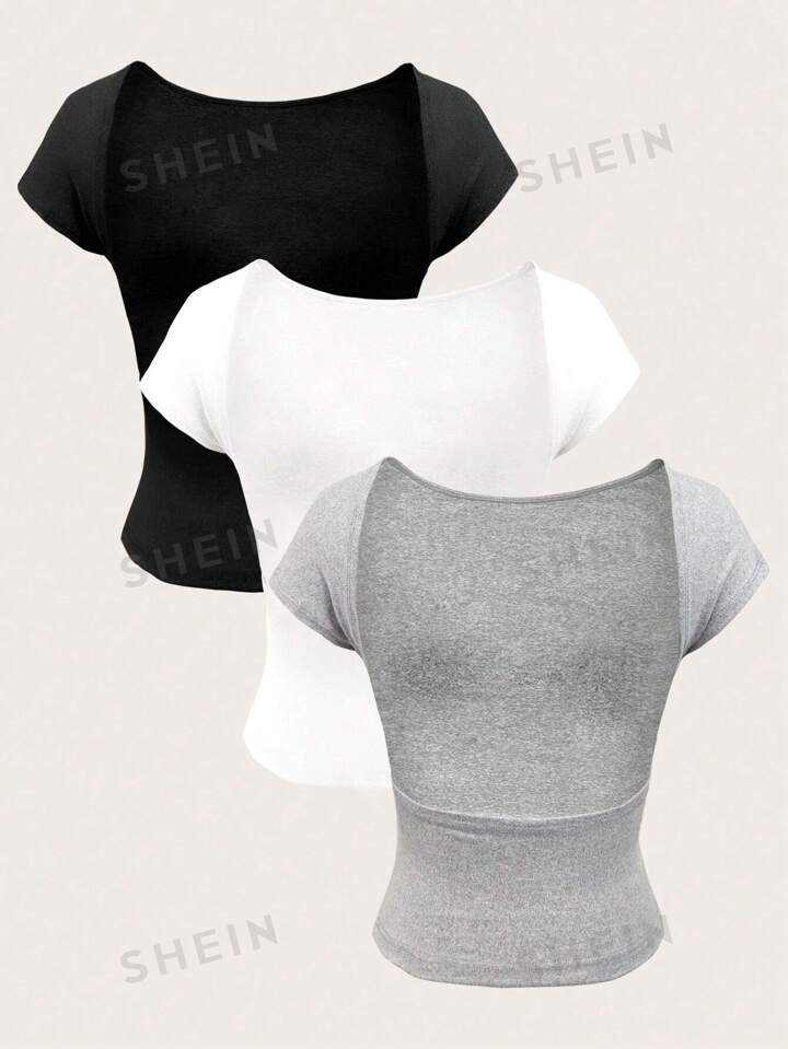SHEIN Essnce Vrouwen Effen kleur Rugloos Slank T-shirts | SHEIN