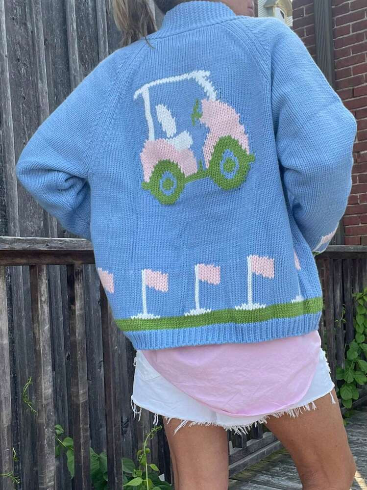 Women's Autumn Loose Cardigan Sweater Golf Car/Heart Print Long Sleeve Round Neck Button Down Knitwear Pastel Sweater Winter Teen Girls Going Out Tops Aesthetic Clothes Club Streetwear Holiday Outfits | SHEIN