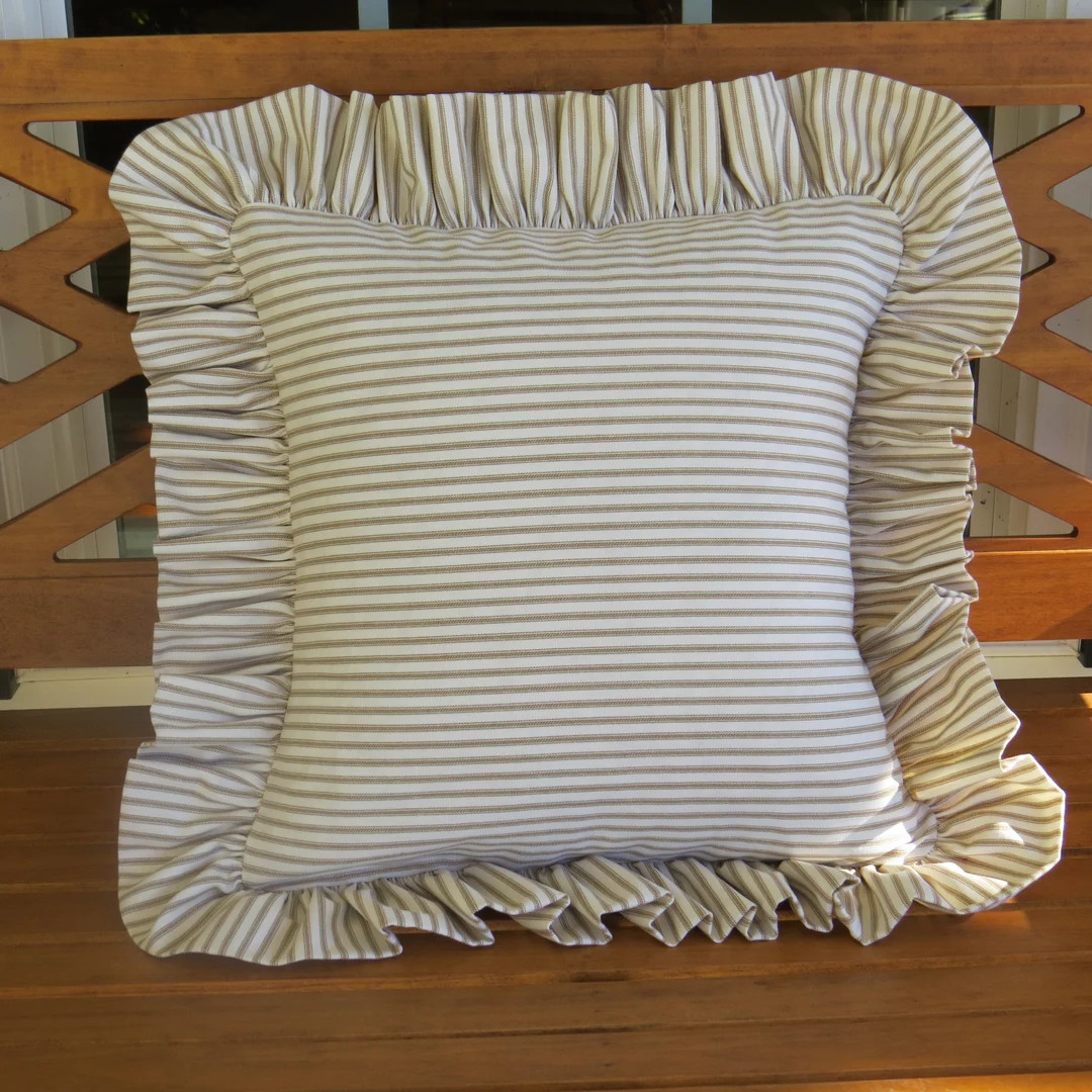 Taupe Ticking Stripe Ruffled Pillow Cover/cotton Pillow Cover/ticking Stripe Ruffled Pillow Cover... | Etsy (US)