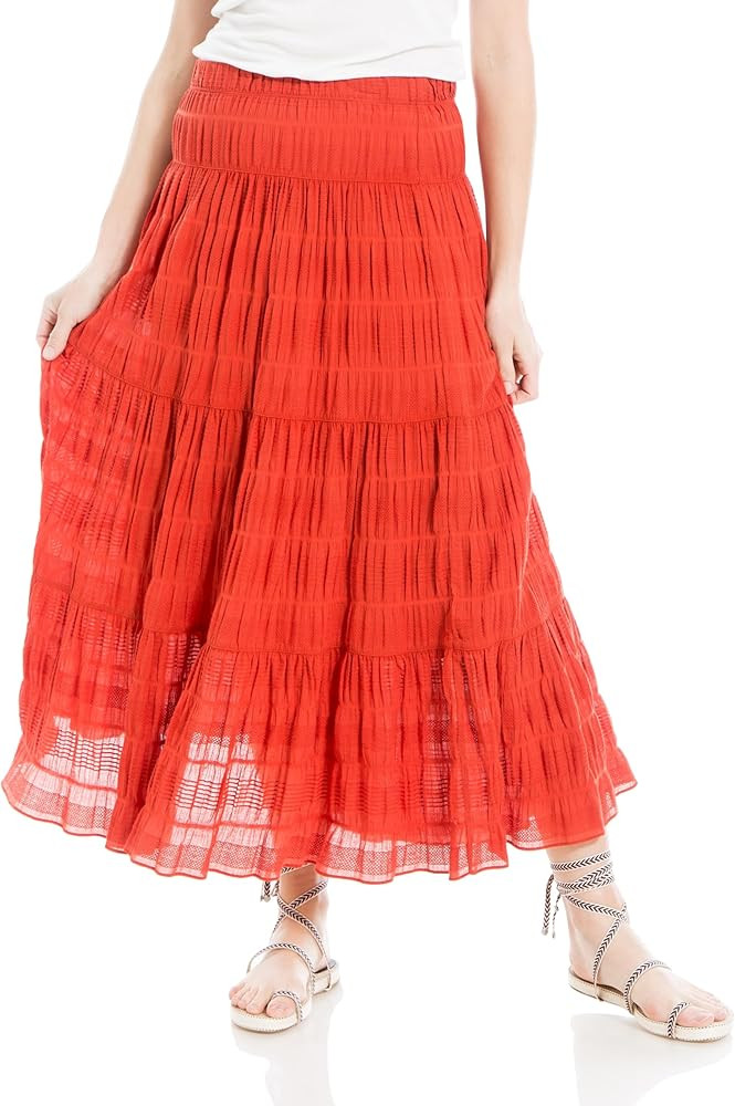 Max Studio Women's Elastic Waist Long Flowy Boho Textured Cotton Maxi Skirt | Amazon (US)
