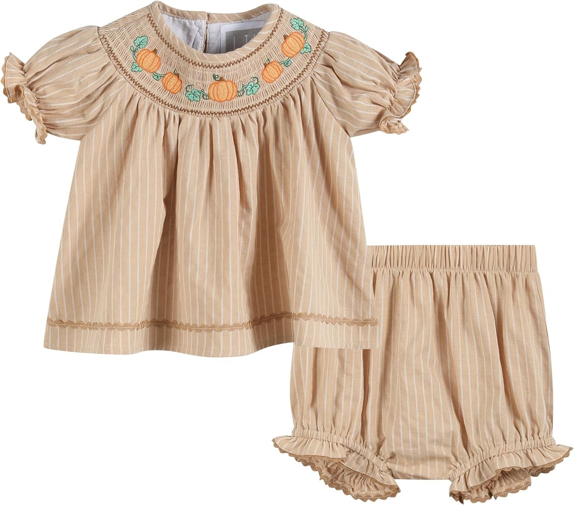 Light Brown Pinstripe Pumpkin Smocked Dress and Bloomer Set | Amazon (US)