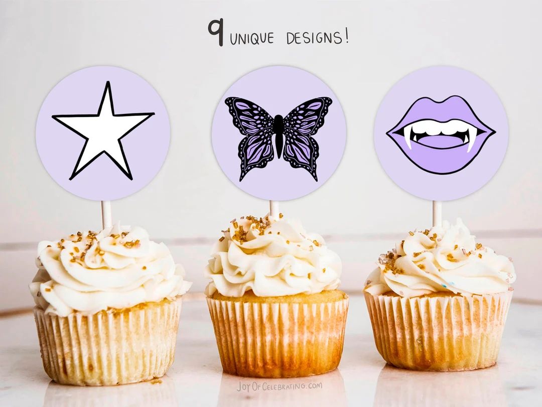Music Themed Birthday Party Cupcake Toppers Set, Purple Butterfly Sticker Teen Party, Customizabl... | Etsy (US)