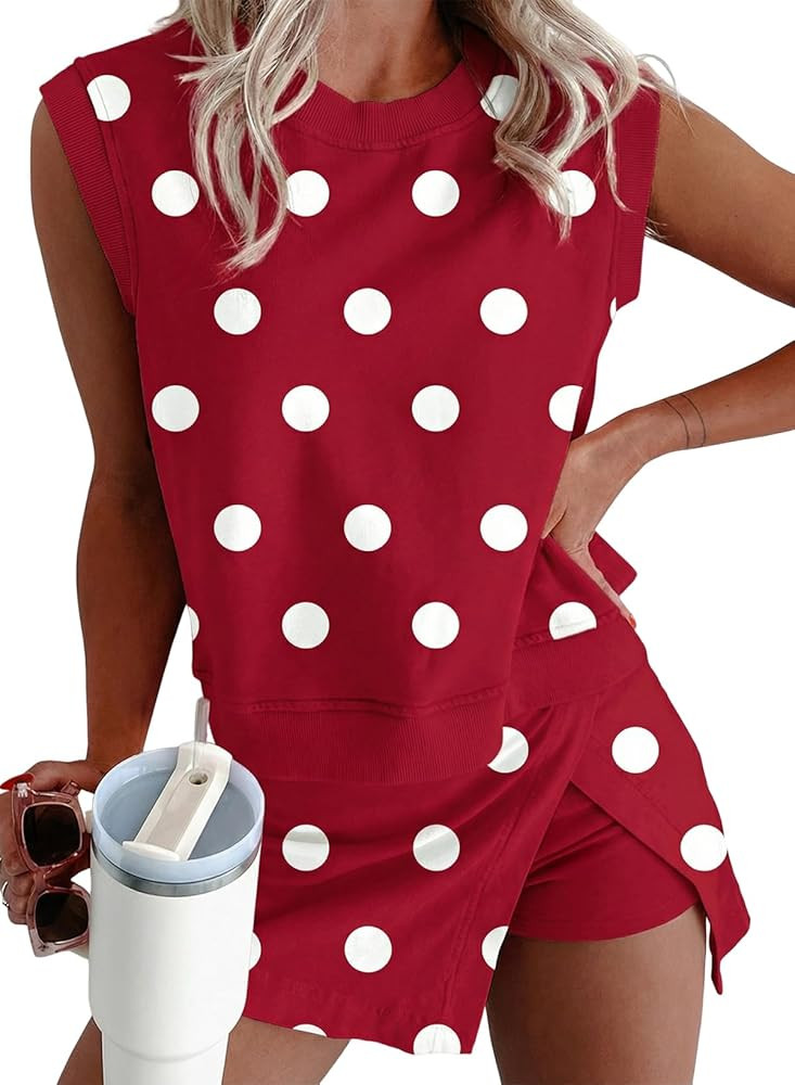KevaMolly Womens Lounge Sets Ribbed Trim Polka Dot Print Tank Split Mini Skort 2pcs Set Sleeveles... | Amazon (US)