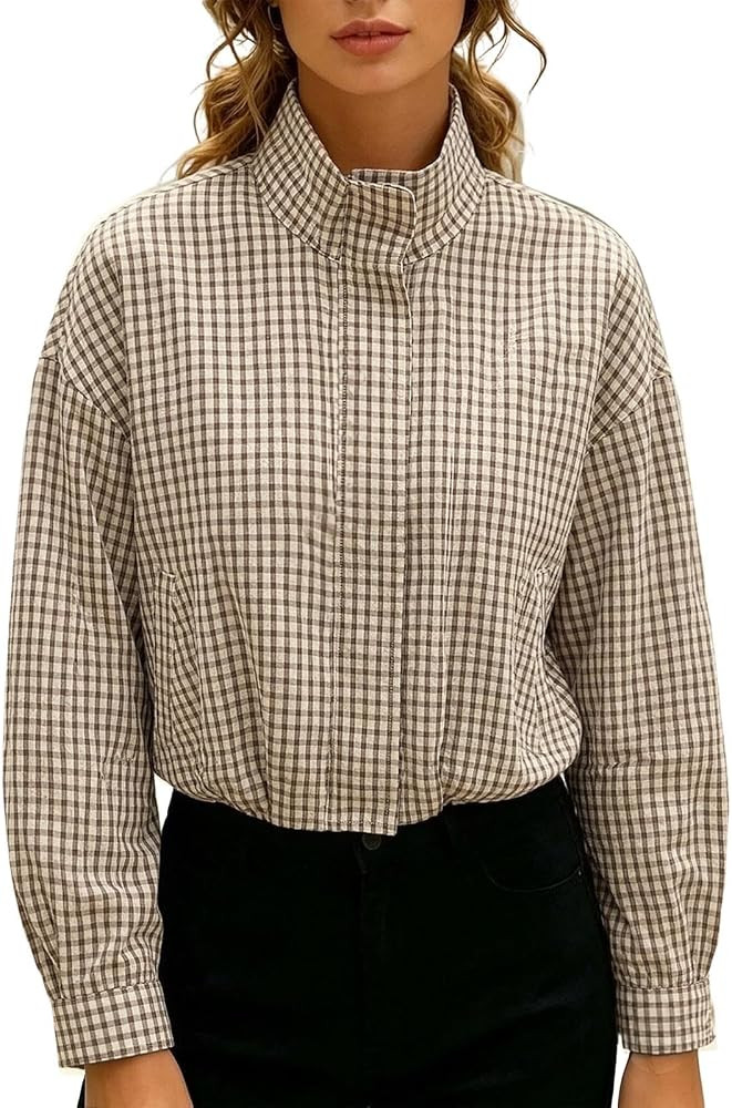 Women's Plaid Jacket Casual Long Sleeve Checked Bomber Jackets Stand Collar, Zip Up Vintage Light... | Amazon (CA)