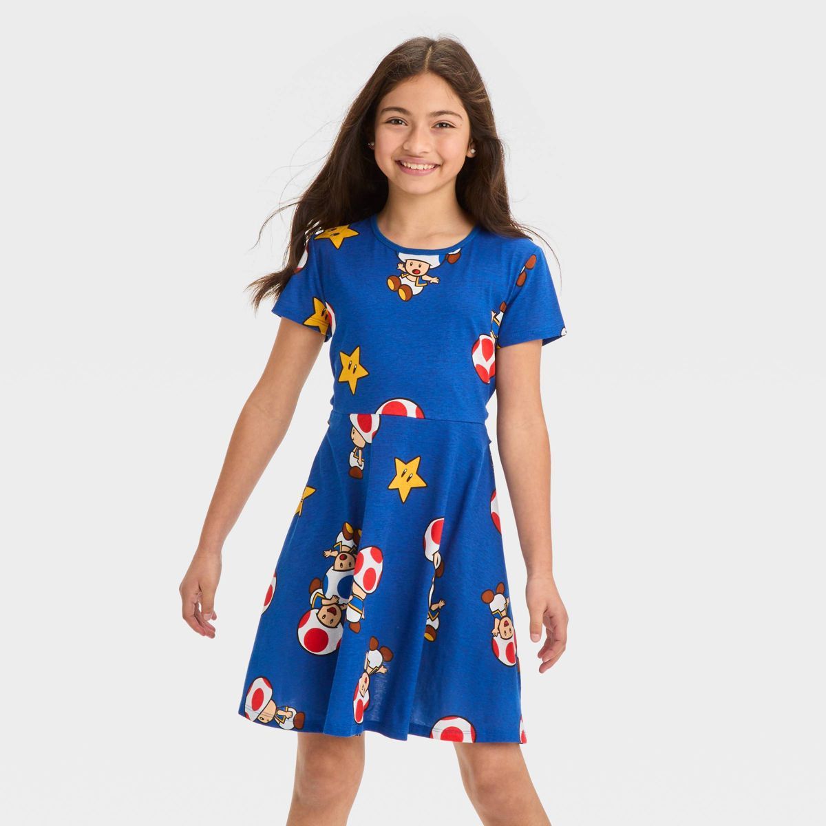 Girls' Nintendo Toad & Friends Jersey Dress with Side Cutout - Blue | Target