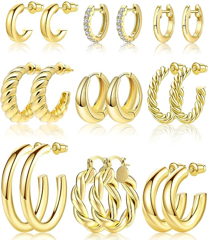 Adoyi 9 Pairs Gold Hoop Earrings Set for Women Gold Twisted Huggie Hoops Earrings 14K 18K Gold Pl... | Amazon (US)