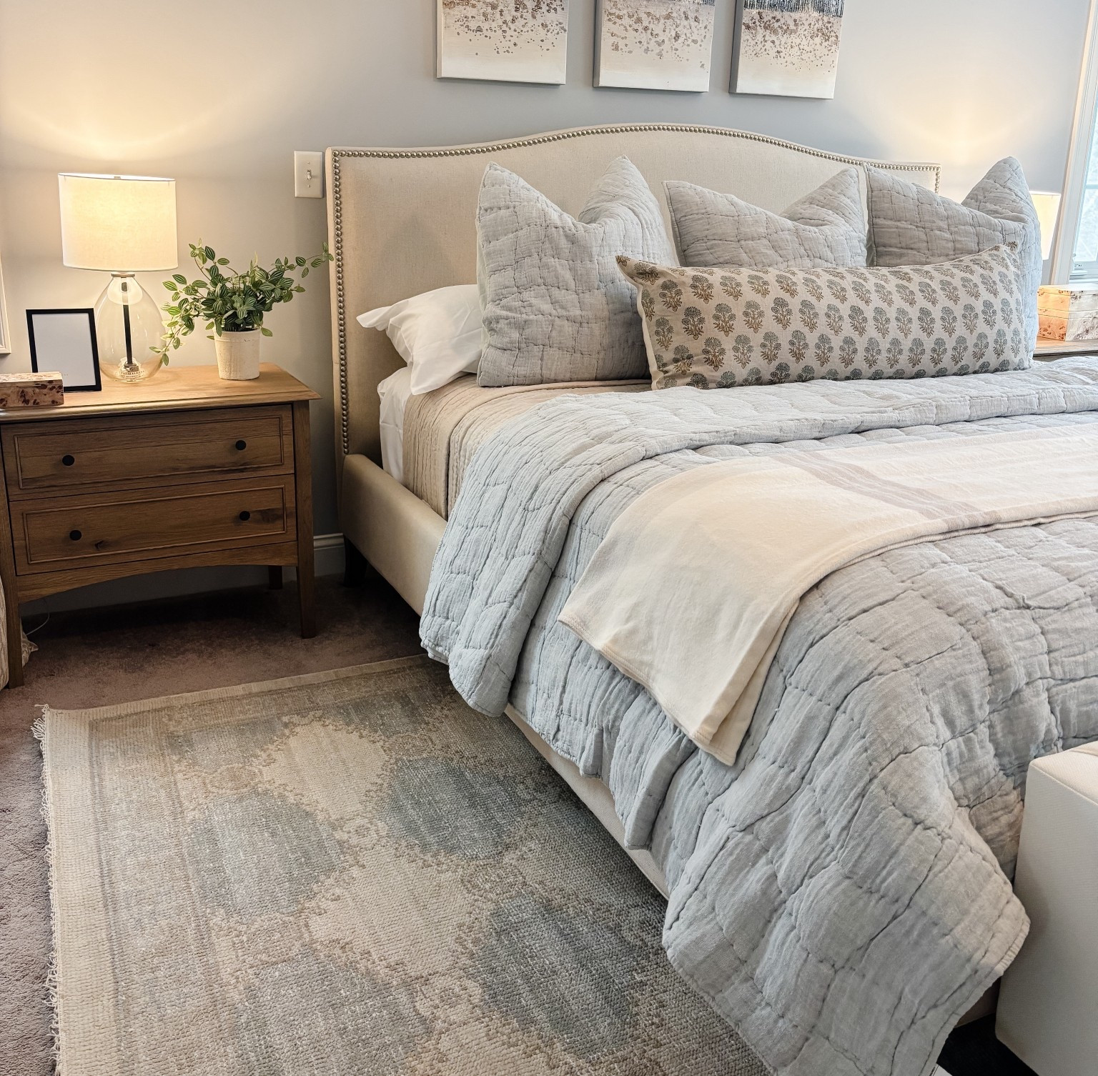 Blue bedroom 💙 Styled with a layered bed and accessories to create a calm and pretty bedroom. 

#LTKValentine #LTKmorningroutine #LTKHome