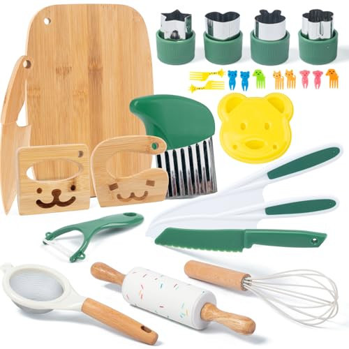 18 PCS Kids Cooking Sets Real, Montessori Kitchen Tools for Toddlers, Cooking & Baking Set for Kids Little Chefs, Toddler Knife Set, Crinkle Cutter, Cutting Board | Amazon (US)