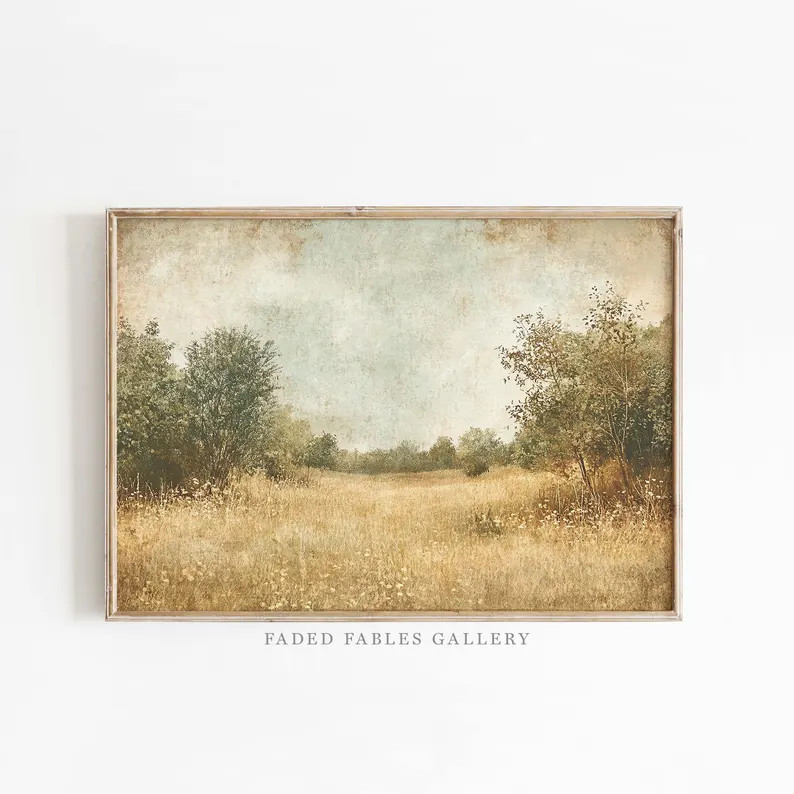 Rustic Countryside Landscape Wall Art Print | Vintage Pastoral Field Painting, Neutral Farmhouse ... | Etsy (US)