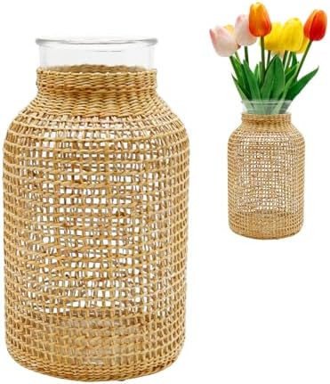 MDEOOSKY Straw Woven Glass Vase 10.25''X3.93''X5.52''Boho Glass Flower Vase Country Rustic Style ... | Amazon (US)