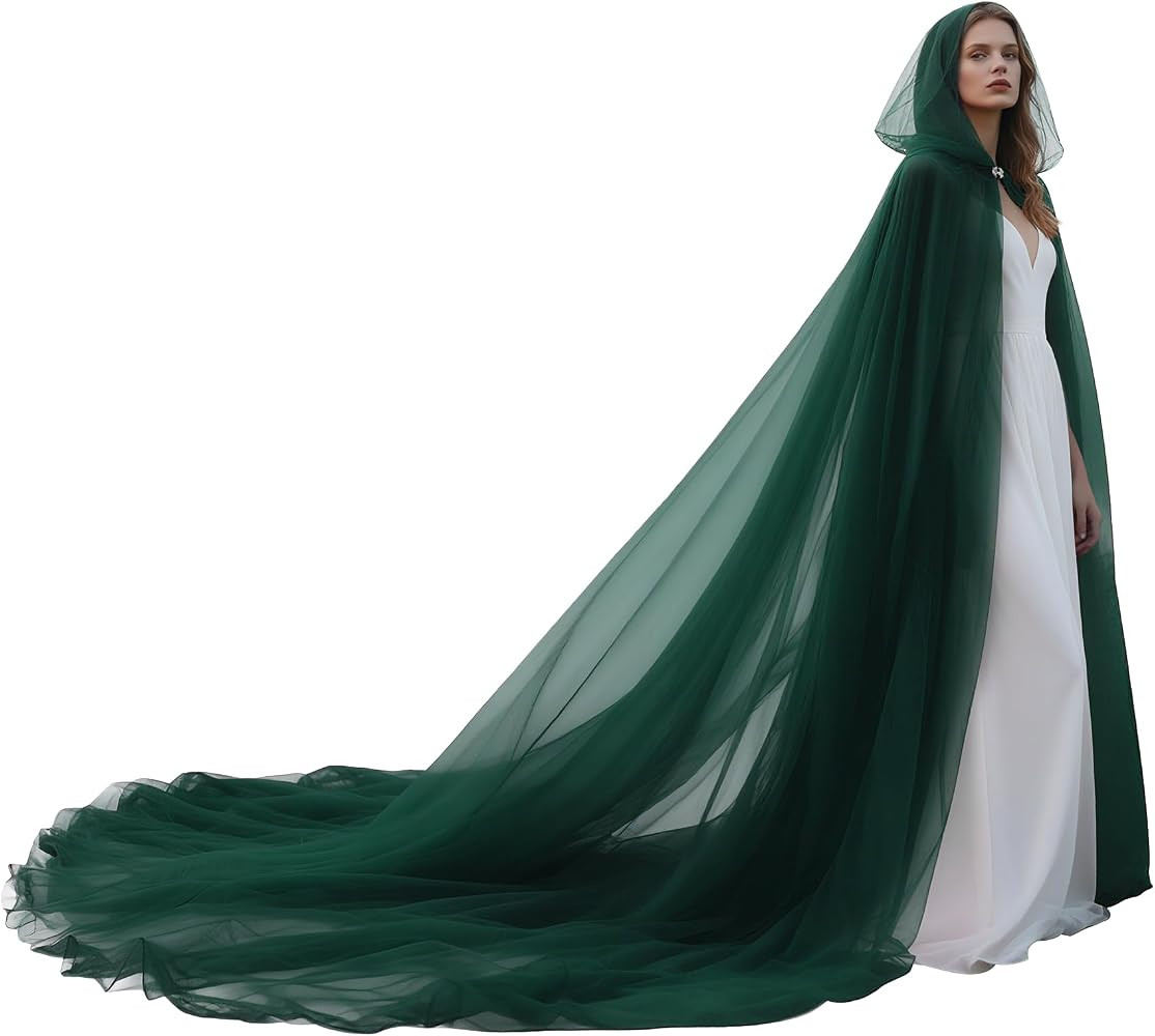 Joukavor Tulle Hooded Cape with Train Sheer Witch Cloak Long for Halloween | Amazon (US)