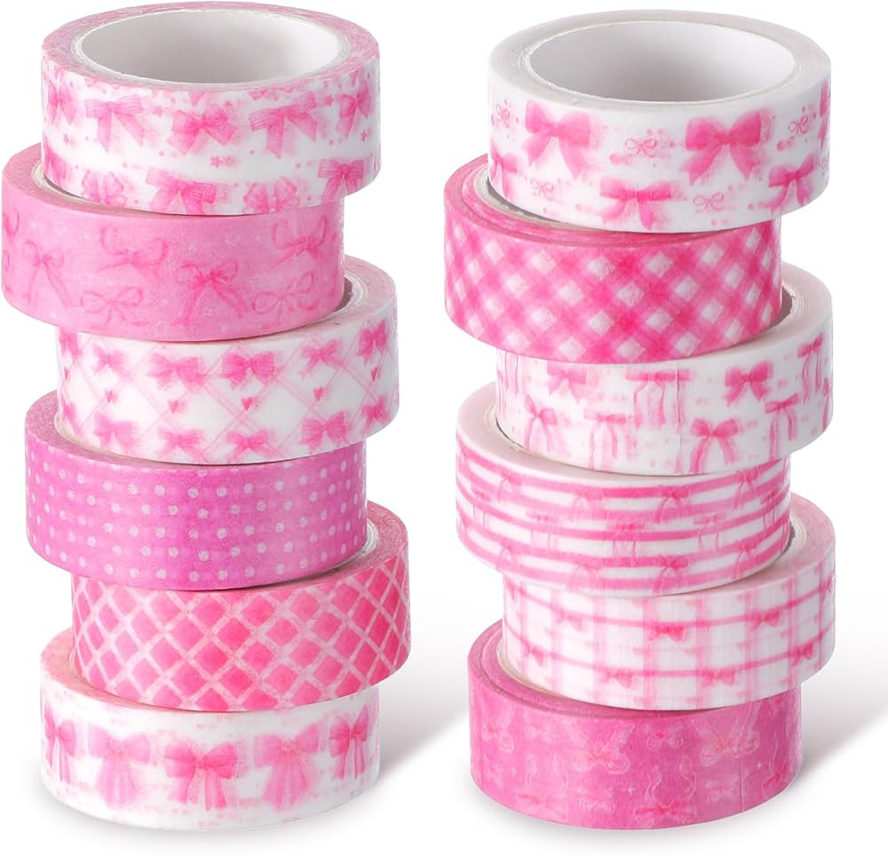 12 Rolls Pink Bow Washi Tape Set Preppy Aesthetic Cute Washi Tape Bulk Bowknot Heart Buffalo Plai... | Amazon (US)