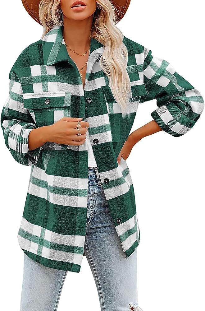 Women's Flannel Plaid Jacket Long Sleeve Button Down Chest Pocketed Shirts Coats Shacket | Amazon (US)
