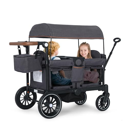 Kinder King Stroller Wagon for 2 Kids, Foldable All-Terrain Outdoor Toddler Kids Wagon Stroller 2 Seater, Removable Canopy, Adjustable Push/Pull Bar, Detachable Tray, Parent Organizer,Grey | Amazon (US)