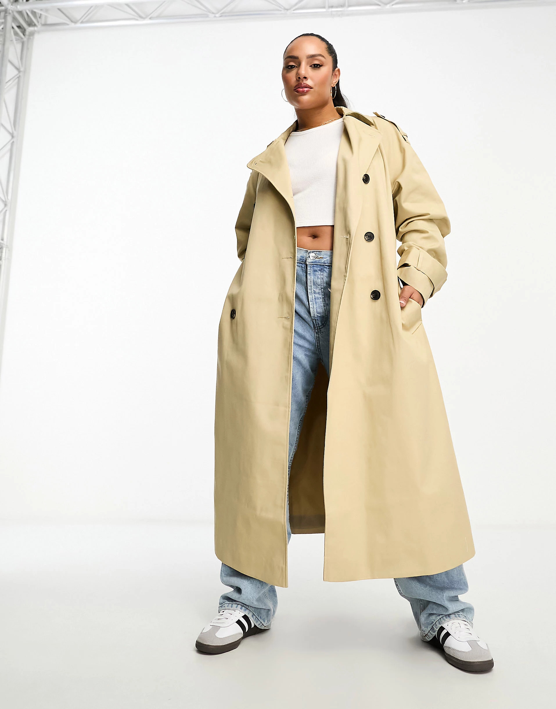 ASOS DESIGN Curve longline trench coat in stone | ASOS (Global)