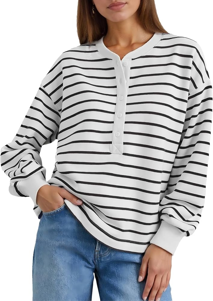 Womens Striped Sweatshirt Oversized Half Button Down Tops Crewneck Pullover Casual Long Sleeve Sh... | Amazon (US)