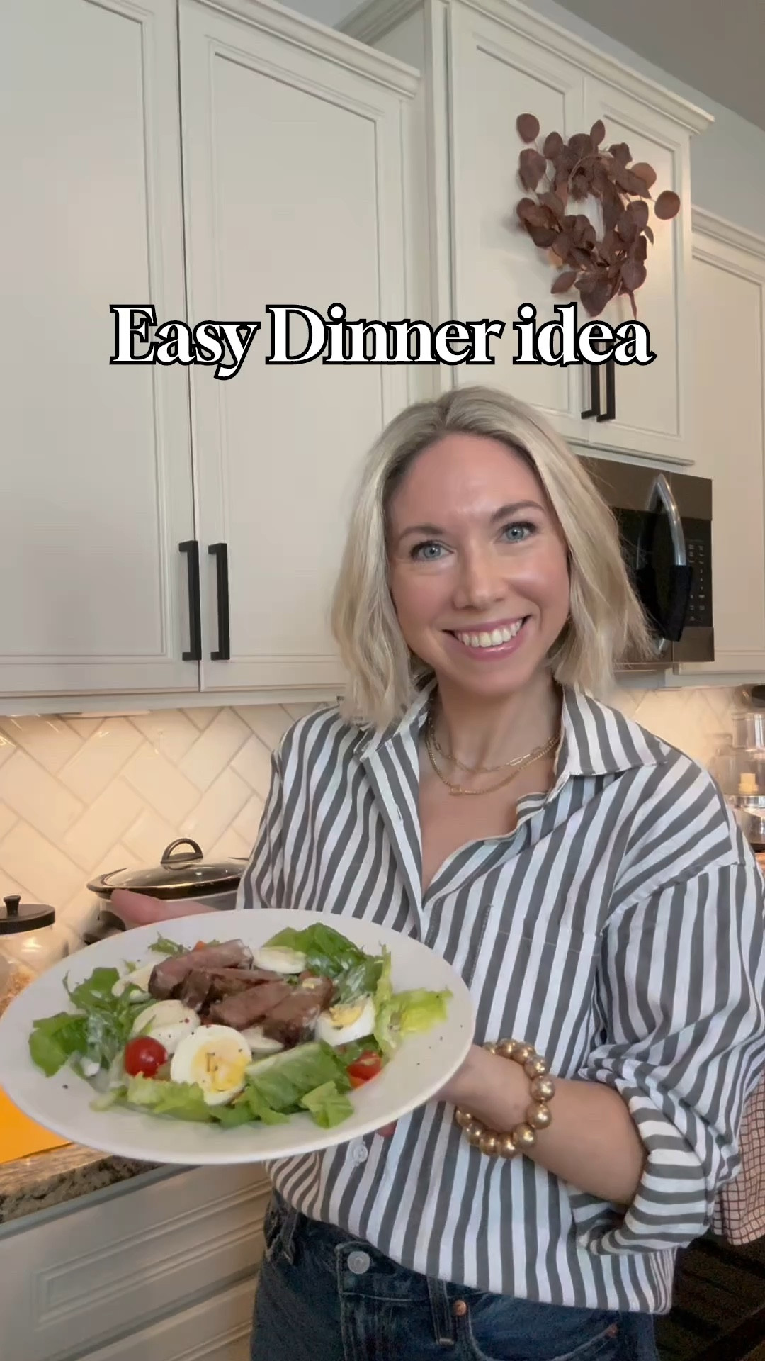 Easy Dinner Idea: Steak and Egg Salad

Start by marinating your strip steak in a glass dish with Worcestershire sauce.  I keep in fridge until I’m ready to cook (taking out of fridge about a 1/2 hour before ready to cook).

I use the egg cooker to hard boil my eggs first.  (When they are done, I place them in an ice bath for 10 minutes before peeling.). 

While eggs are cooking pre-heat the oven to 400 degrees. 

Next place 1-2 tablespoons of oil (usually grape seed oil - though I used olive oil in the video) Turn heat onto medium heat then sear the steak on each side ( I do 2 minutes per side, then 1 minute per side.) before placing in oven to finish cooking for about 8 minutes. Then let steak rest on cutting board for 10 minutes before slicing.

While the steak is in the oven and then resting, chop your veggies, and wash and chop your lettuce ( I like iceberg for this salad but used romaine here because that’s what I had)

Assemble your salad with the lettuce, veggies, chopped hard boiled eggs and sliced steak.  I like to add salt + pepper and some homemade ranch dressing (I mix a ranch packet according to directions but sub yogurt for mayo)

Enjoy!  

Let me know if you have any questions and if you’d like to see more easy recipes like these.  This is a high protein filling veggie filled steak and egg salad that is easy to make!   

I also sometimes serve the kids steak and eggs separately without the salad and give them cut up bell peppers and cucumber or tomato for their vegetable. 

Linking kitchen gadgets below along with some other kitchen favorites of mine. 


Outfit: button down shirt size small
Levis rib cage wide leg jeans: size 26x30
Clogs true to size
Gold necklace 


Kitchen gadgets,  kitchen tools, cooking tools , cooking gadgets , food storage container , glass food storage, Dinner ideas, dinner recipe, easy dinner recipe , easy dinner idea , steak dinner , salad idea, healthy dinner, family dinner, #ltkfamily #ltksalealert

#LTKHome #LTKVideo #LTKFindsUnder50