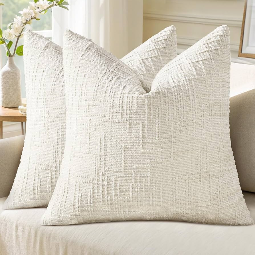 decorUhome Spring Cream White Chenille Throw Pillow Covers 18x18 Set of 2 Textured Slubby Couch P... | Amazon (US)