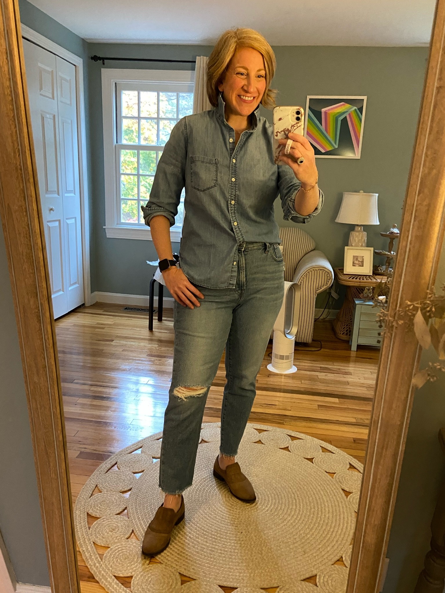 Denim shirt old from JCrew- linking similar.
Jeans are old Madewell.
Loafers are old Free People.