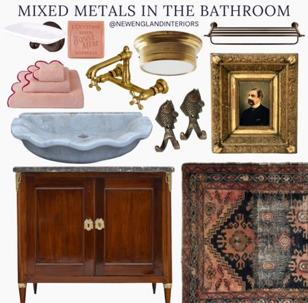 New England Interiors • Mixed Metals In The Bathroom • Antique Wall Art, Sink, Vanity, Rug, Faucet, Lighting, Towels, Bathroom Accents. 🫧🚰

TO SHOP: Click the link in bio or copy and paste the link in web browser 

#newengland #antique #bathroominspo #bathroomreno #interiordesign #vintage #bathroom 