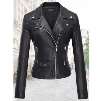 Women's Waisted Leather Jacket Long Sleeve Zip Placket Pocket Zip Closure | SHEIN