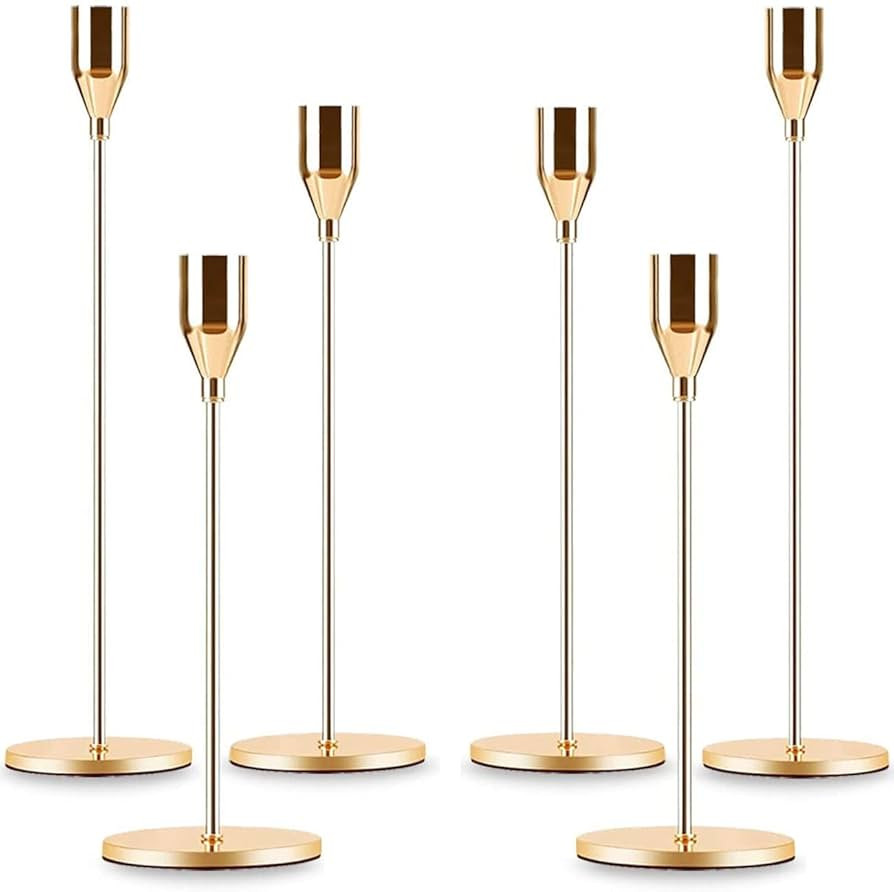 Gold Taper Candle Holder Set of 6, Brass Gold Tall Candlestick Holders, Metal Vintage Candle Stic... | Amazon (US)
