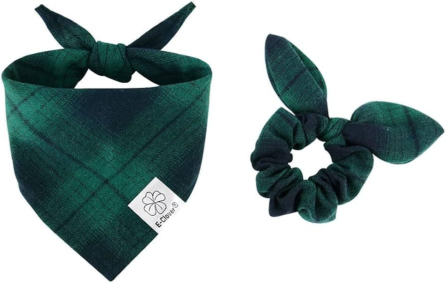 E-Clover Christmas Dog Bandanas & Matching Scrunchie Set Plaid Dog Bibs Scarf Boy Triangle Kerchi... | Amazon (US)
