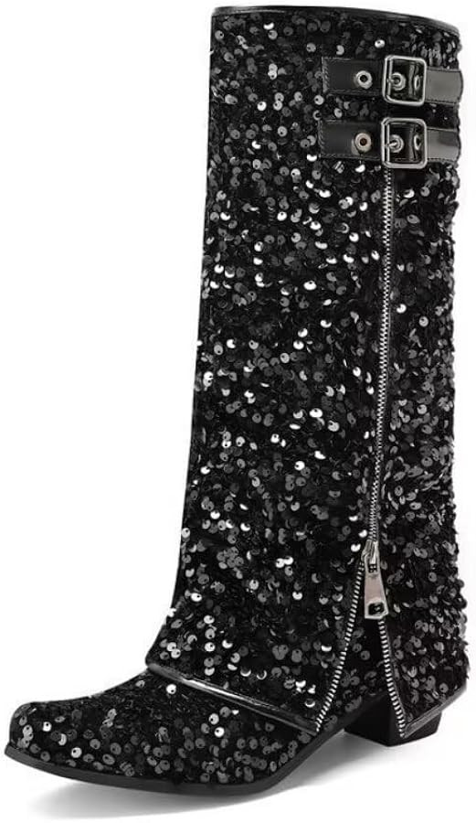 Women Sequin Fold Over Knee High Boots Buckles Zip Decor Chunky Heel Sparkly Bling Glitter Long T... | Amazon (US)
