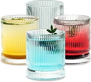 Ribbed Glass Cups Set, 13oz Vintage Drinking Glassware Set, 4 Piece Premium Glassware, Elegant Mi... | Amazon (US)