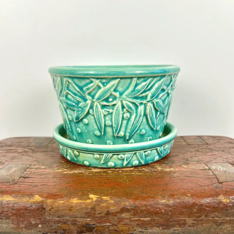 Vintage Mccoy Pottery Hobnail Leaves and Berries Flowerpot Planter With Attached Saucer in Green ... | Etsy (US)