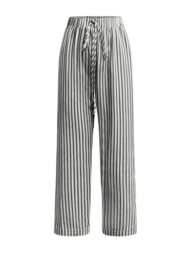 OYOANGLE Women's Striped Print Drawstring Waist Straight Leg Pants Casual Long Trousers with Pocket Black Large | Amazon (US)