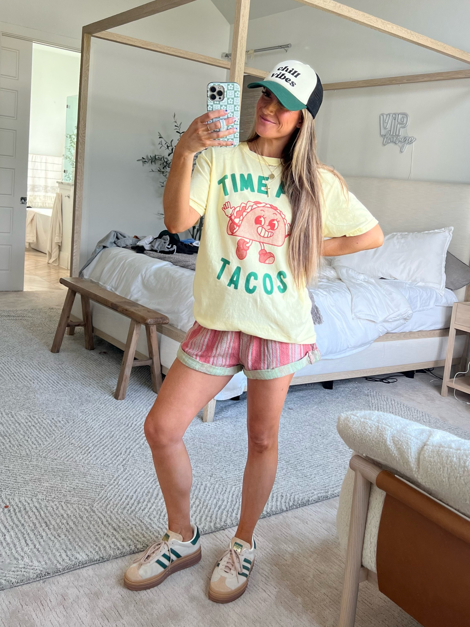 Med in tee, shorts run a little big, shoulda got small but wearing med