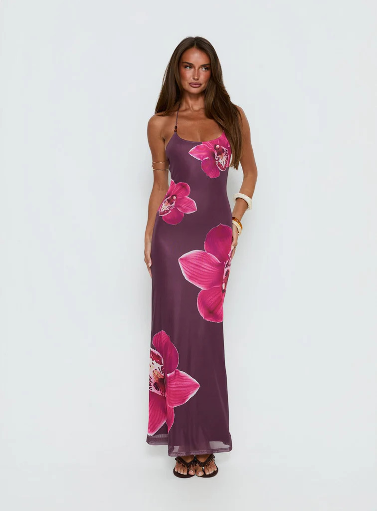 Kamina Beaded Halter Maxi Dress Plum Floral | Princess Polly US