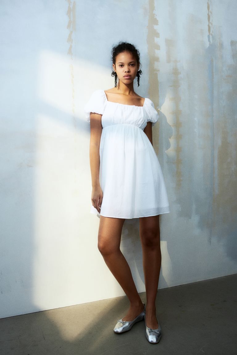 Puff-sleeved Babydoll Dress - White - Ladies | H&M US | H&M (US + CA)