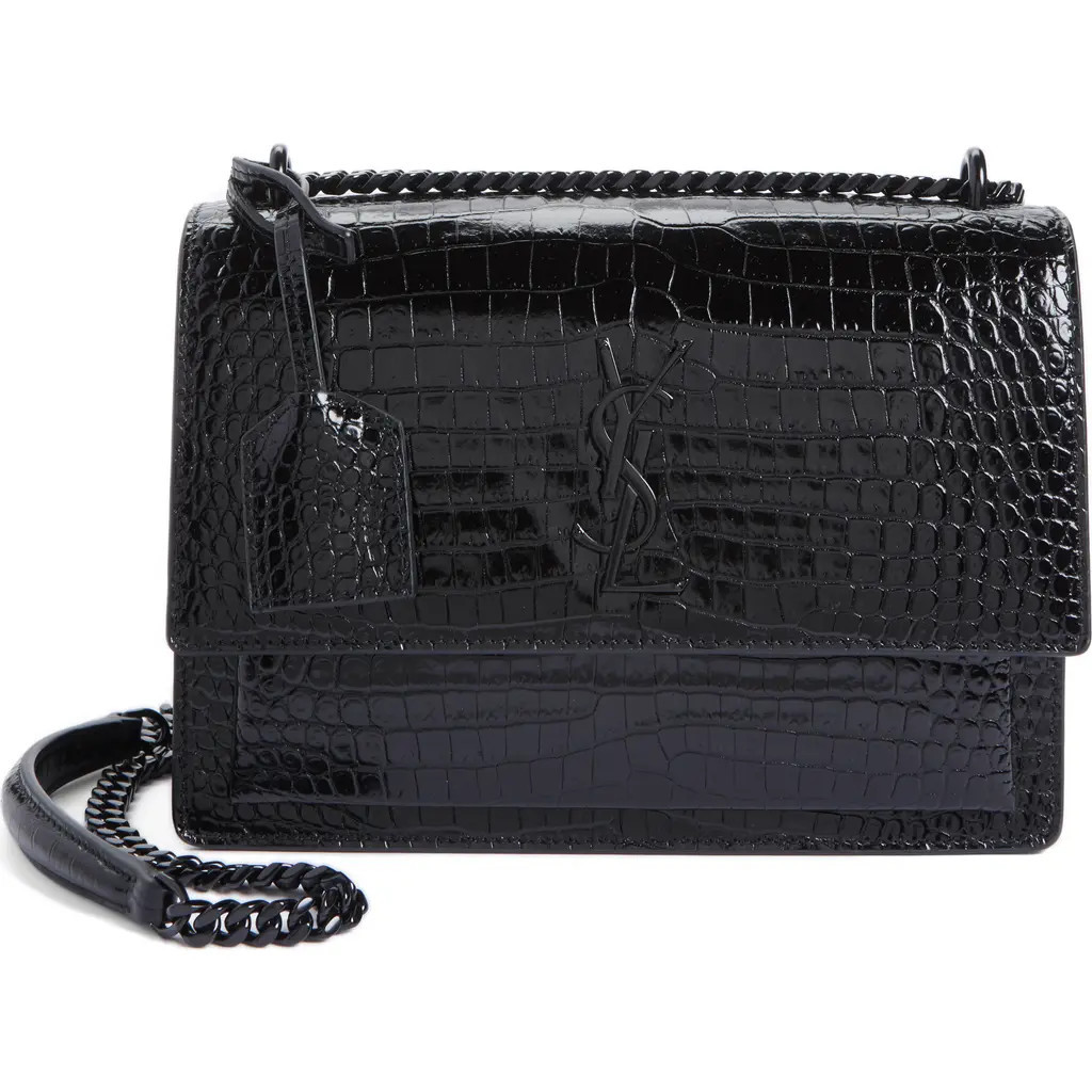 Saint Laurent Medium Sunset Croc Embossed Leather Shoulder Bag in Noir at Nordstrom | Nordstrom