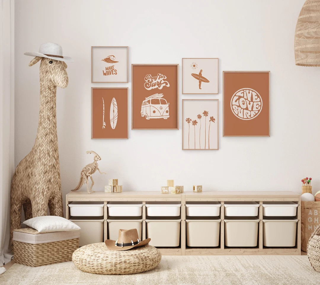 Boho Beach Wall Art Set of 6 Prints, Retro Van Life Print Set, Teen Boys Room Decor, Surf Nursery... | Etsy (US)