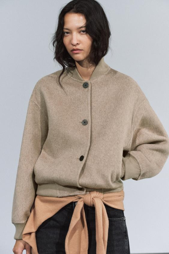 Zara - Zw Collection Wool Blend Bomber Jacket - Dark Grey - L - Woman | Zara UK