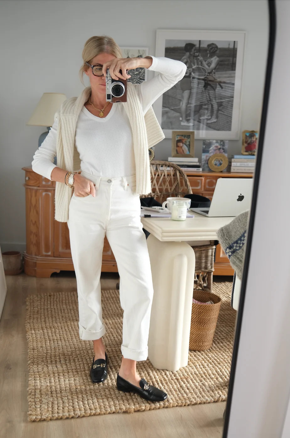 Pointelle Long Sleeve V-Neck - White | Marea