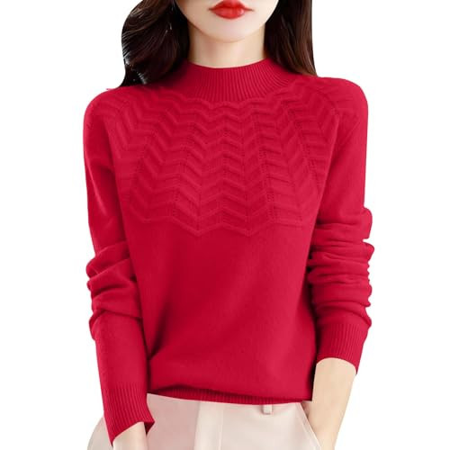 Mock Turtleneck Sweater Women Cashmere Sweaters for Women Long Sleeve Half Turtleneck Pullover ChevronPattern Crewneck Sweater Knitted Warm Casual Top Red | Amazon (US)
