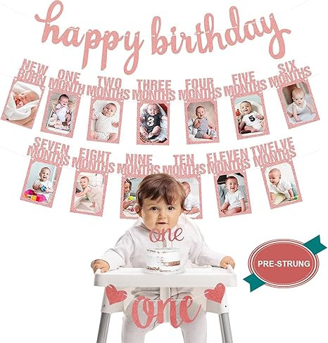 1st Birthday Baby Photo Banner, Happy Birthday Banner 17pcs First Birthday Decorations for Girl N... | Amazon (US)